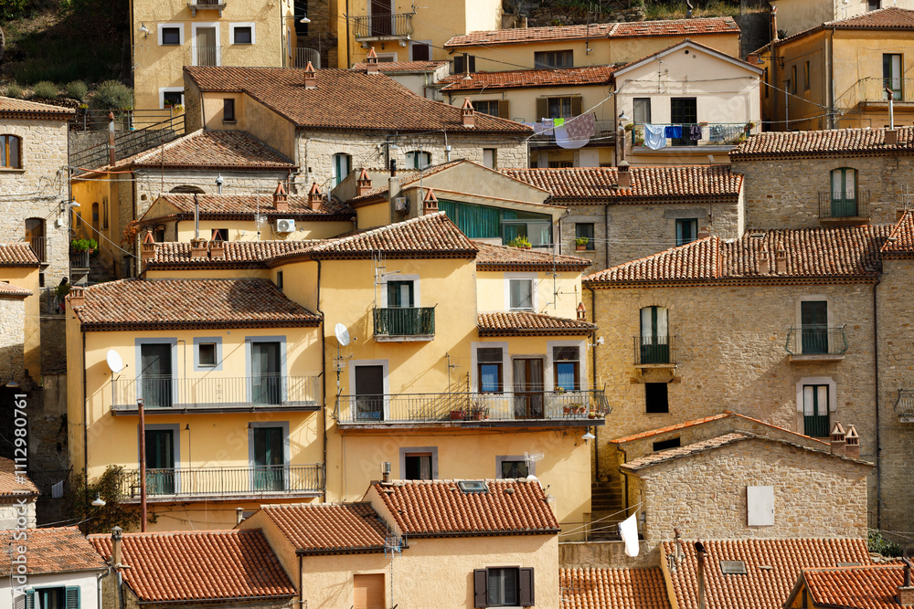 The picturesque village of Castelmezzano on the scenic rocks of the of the Apennines Dolomiti Lucane, Basilicata, Italy The picturesque village of Castelmezzano on the scenic rocks of the of the Apennines Dolomiti Lucane, Basilicata, Italy