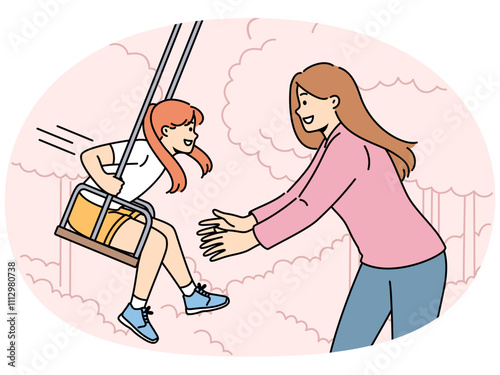 Mom takes daughter on swing in park and enjoys relaxing with child in fresh air. Happy family of woman with little girl having good summer vacation or weekend in backyard with swing