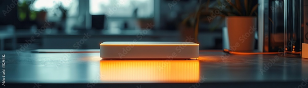 A symbolic glowing IoT gateway device displayed in a modern tech lab, cinematic depth of field, warm shadows A symbolic glowing IoT gateway device displayed in a modern tech lab, cinematic depth of field, warm shadows