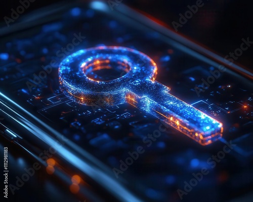 A symbolic glowing key representing encryption, floating above a sleek device, soft filmlike lighting photo