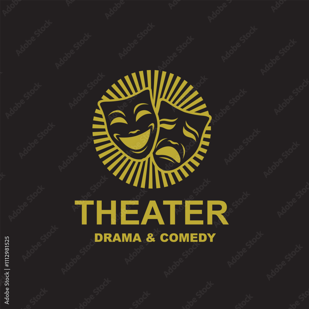 Fototapeta premium icon of golden comedy and tragedy theatrical masks isolated on black background