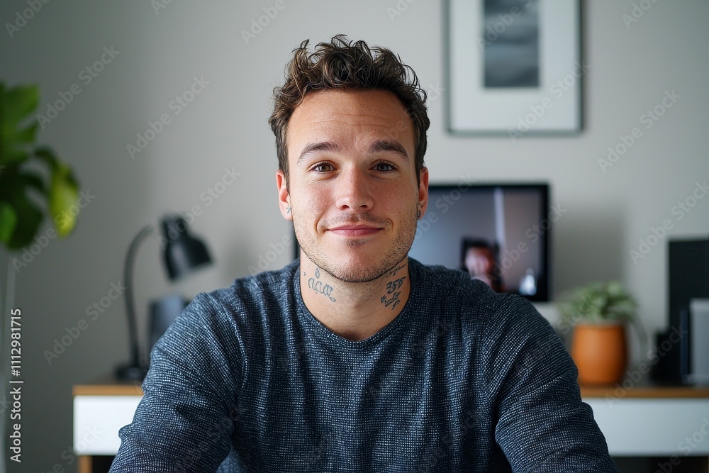 Young man with neck tattoos smiling confidently in a modern home office environment, showcasing casual yet professional style. Young man with neck tattoos smiling confidently in a modern home office environment, showcasing casual yet professional style.