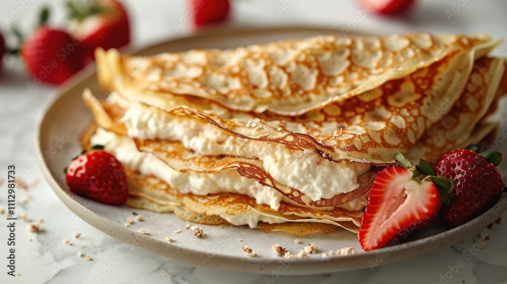 Artful crepes brimming with whipped ricotta, served with ripe strawberries on a luxurious marble countertop Artful crepes brimming with whipped ricotta, served with ripe strawberries on a luxurious marble countertop
