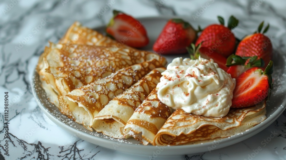 Artful crepes brimming with whipped ricotta, served with ripe strawberries on a luxurious marble countertop Artful crepes brimming with whipped ricotta, served with ripe strawberries on a luxurious marble countertop