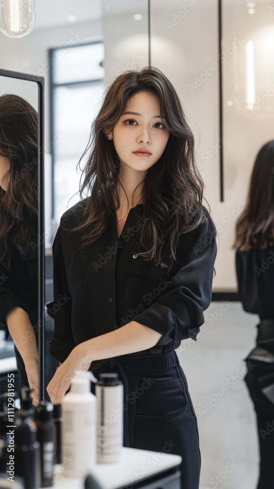 Stylish woman with long hair stands confidently in a sleek, modern salon, surrounded by haircare products and mirrors. Stylish woman with long hair stands confidently in a sleek, modern salon, surrounded by haircare products and mirrors.