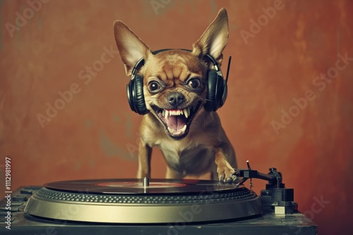 Adorable Chihuahua wearing headphones playfully spins a record on a turntable, exuding energy and humor with a DJ vibe.