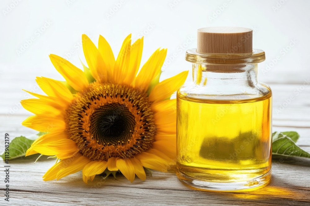 A sunflower stands tall next to a bottle of sunflower oil, highlighting the natural beauty and utility of this popular ingredient A sunflower stands tall next to a bottle of sunflower oil, highlighting the natural beauty and utility of this popular ingredient