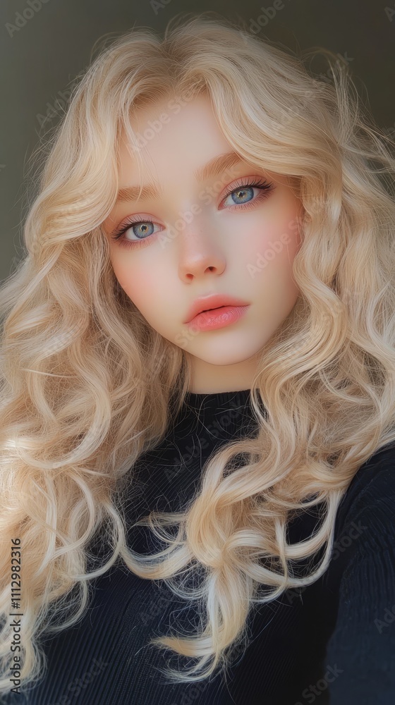 Close-up portrait of a young woman with long, curly blonde hair, gazing softly with a serene expression against a dark background.