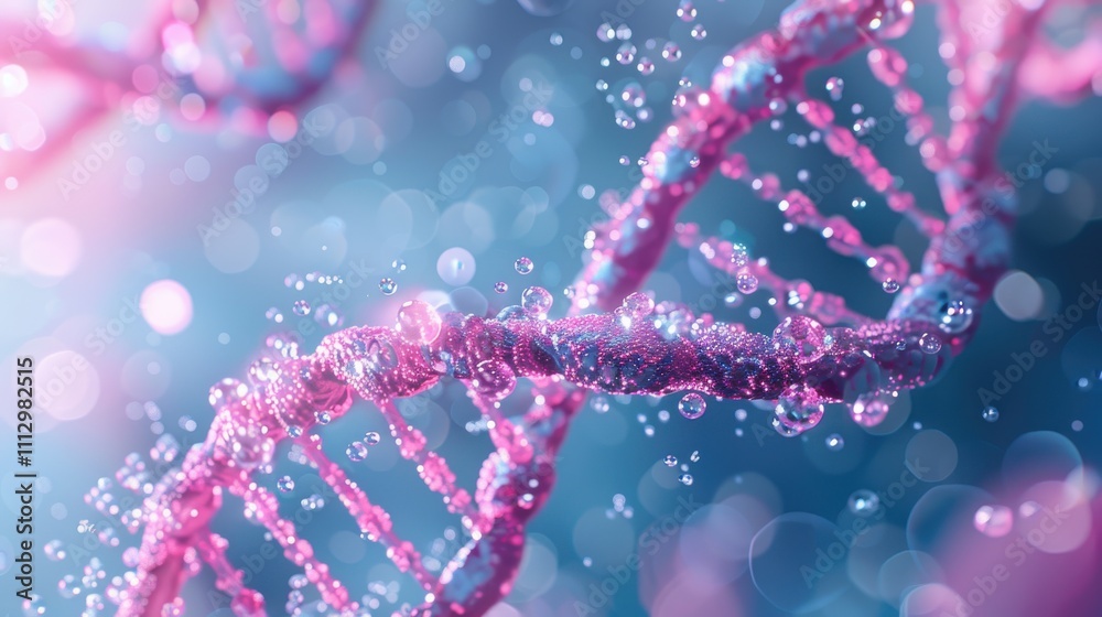 Elegant pink DNA double helix spiral with radiant light bokeh and bubbles, creating a serene blue backdrop Elegant pink DNA double helix spiral with radiant light bokeh and bubbles, creating a serene blue backdrop
