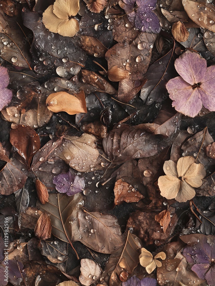 Wet autumn leaves mixed with purple petals create a textured, nature-inspired background evoking a sense of tranquility. Wet autumn leaves mixed with purple petals create a textured, nature-inspired background evoking a sense of tranquility.