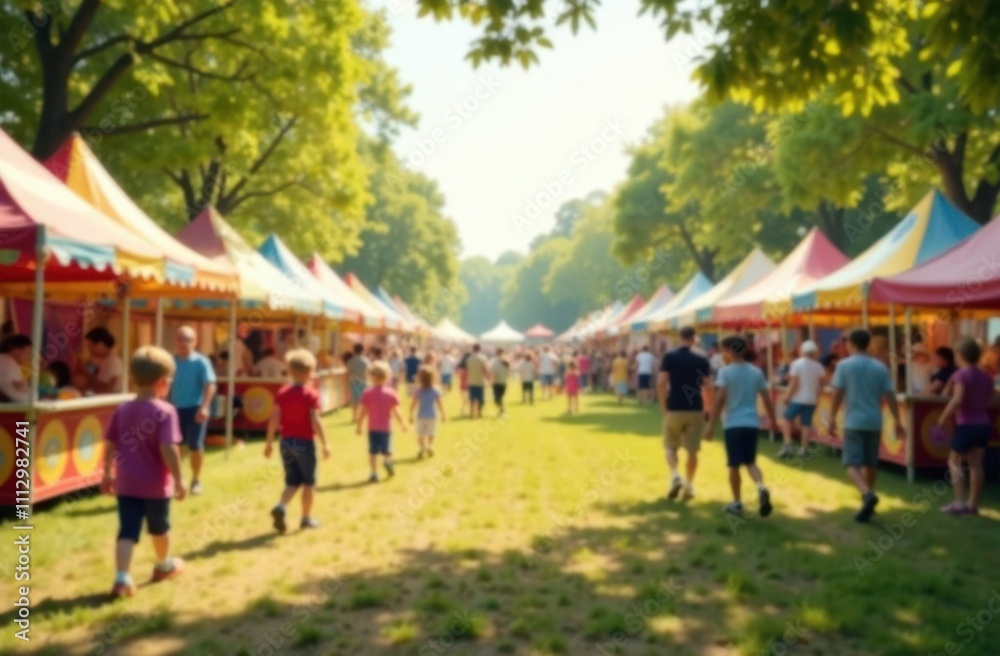 Public fair in park with blurred motion of children and attendees Public fair in park with blurred motion of children and attendees