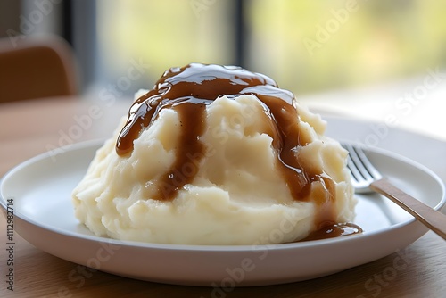 Close-up of a mashed potato volcano with ridged peaks, filled with rich brown sauce flowing like lava. Volcan en purée de pommes de terre photo