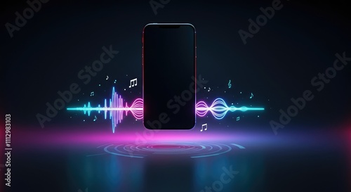 Smartphone with glowing soundwave and music notes, depicting audio concepts