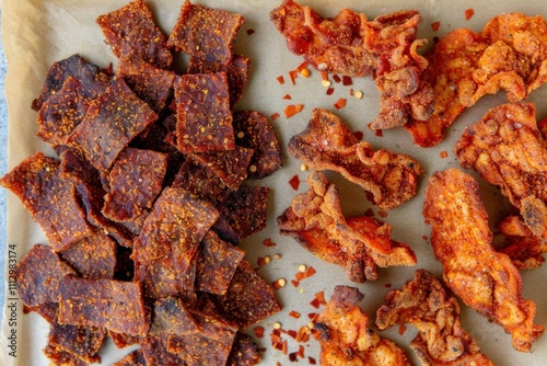 National Jerky Day Spicy beef jerky and pork rinds on parchment paper with chili flakes photo