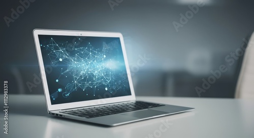 Open laptop with abstract digital network hologram on screen