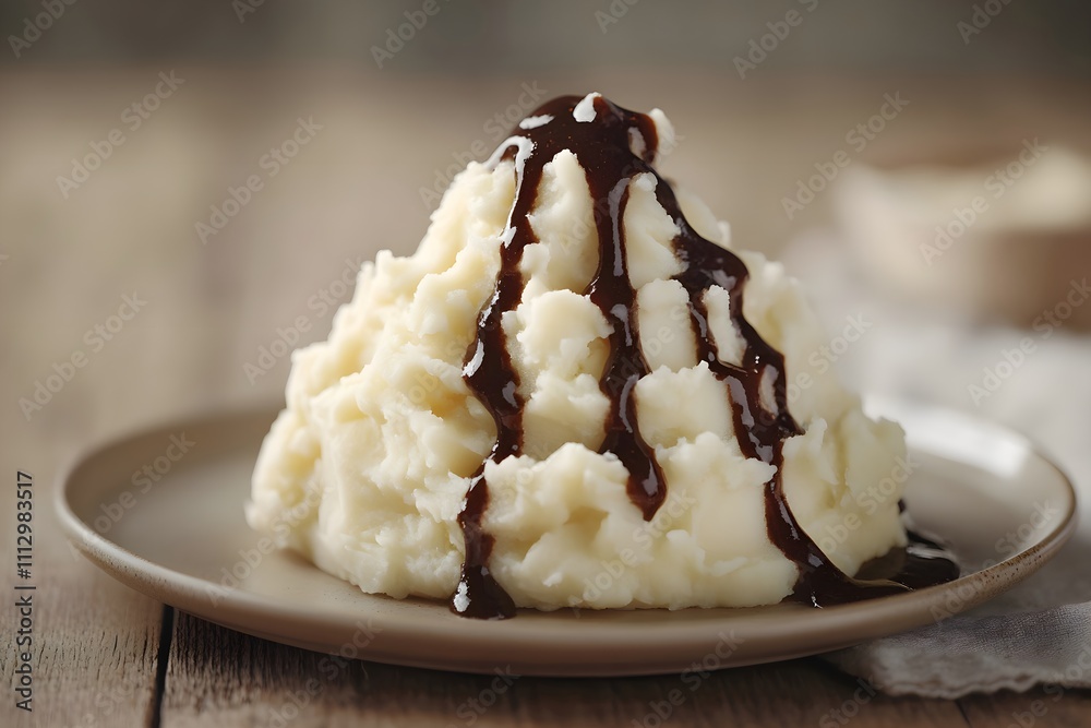 Close-up of a mashed potato volcano with ridged peaks, filled with rich brown sauce flowing like lava. Volcan en purée de pommes de terre