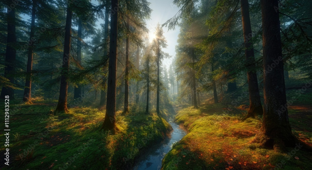 Sunlight streams through tall, lush green trees in dense forest with narrow creek Sunlight streams through tall, lush green trees in dense forest with narrow creek