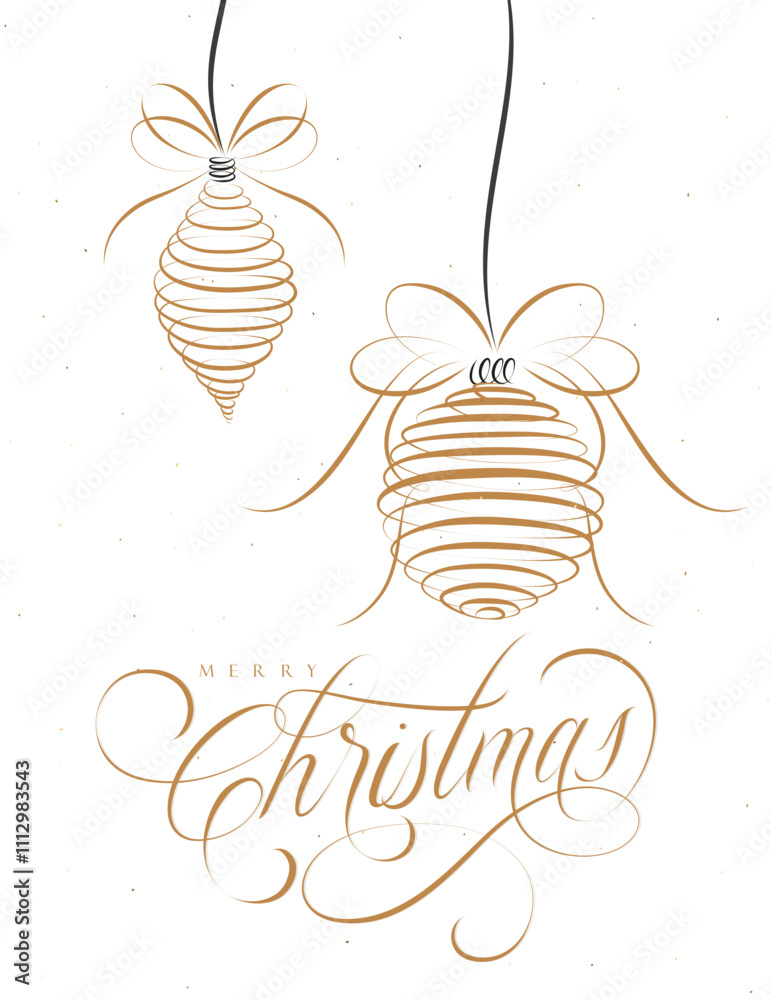 Poster Merry Christmas with lettering and two tree toys drawing on beige background.