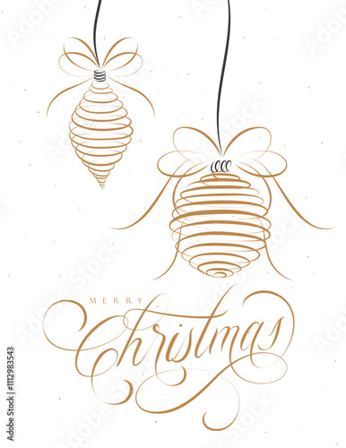Obraz na płótnie Poster Merry Christmas with lettering and two tree toys drawing on beige background. w salonie