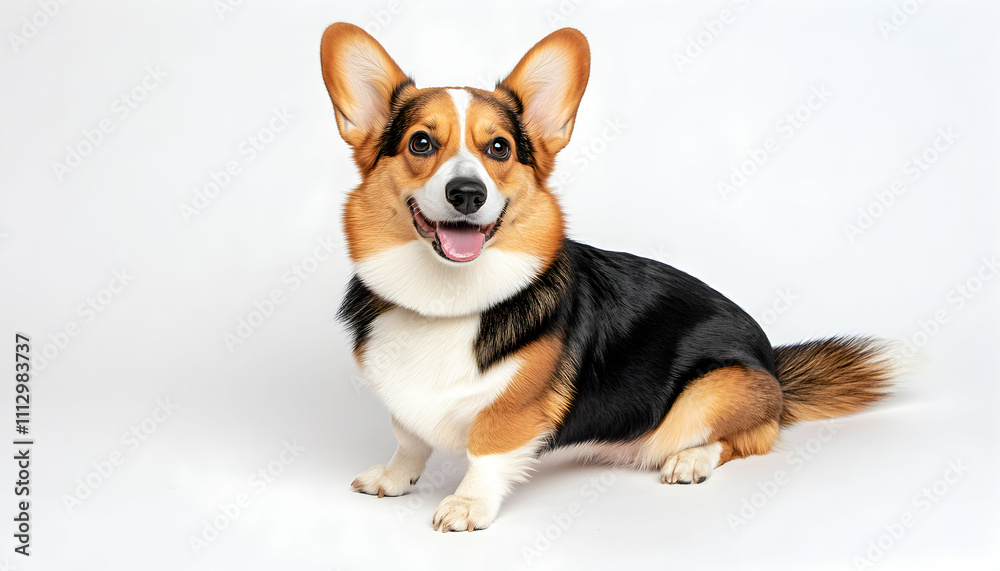 Adorable Pembroke Welsh Corgi dog sitting on a white background, happy expression, studio shot. Adorable Pembroke Welsh Corgi dog sitting on a white background, happy expression, studio shot.