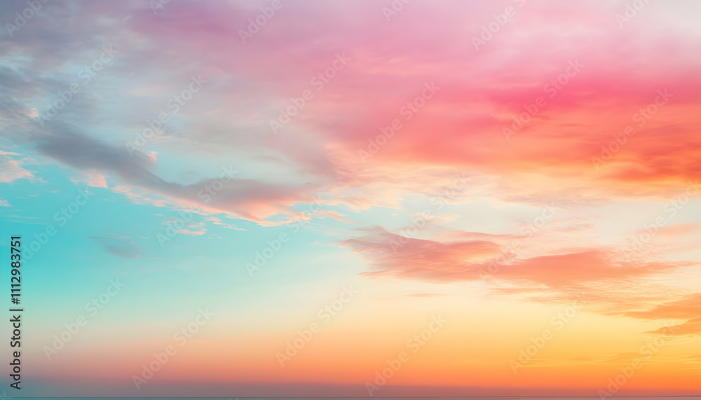 Obraz premium Dreamy pastel sunset sky with soft, colorful clouds. Perfect for backgrounds, websites, and social media.