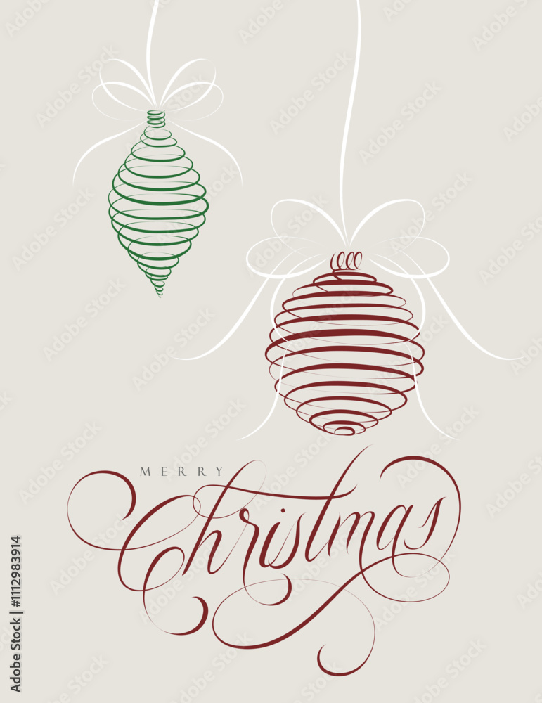 Poster Merry Christmas with lettering and two tree toys drawing on coffee color background.