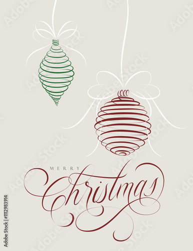 Obraz na płótnie Poster Merry Christmas with lettering and two tree toys drawing on coffee color background. w salonie
