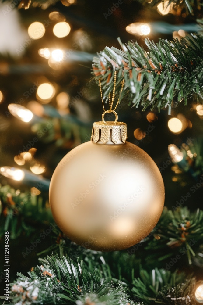 A gold ornament hangs from a Christmas tree A gold ornament hangs from a Christmas tree