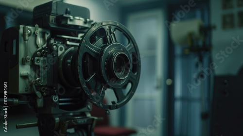 Vintage movie projector sitting on a shelf in a cozy room