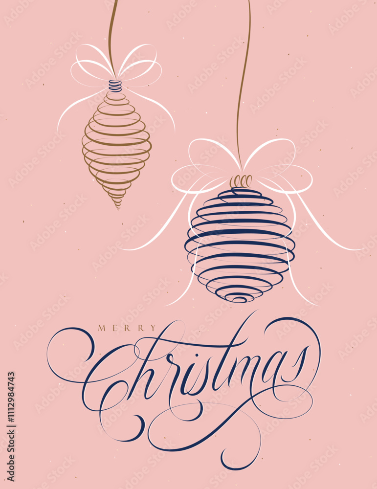 Poster Merry Christmas with lettering and two tree toys drawing on rose background.