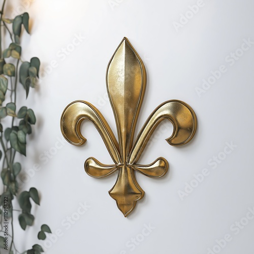 Gold fleur de lis symbol decorates white wall. Ornate design. Elegant emblem. Classic symbol of royalty. Luxurious, decorative object. High quality render. Ideal for home decor or design projects. photo