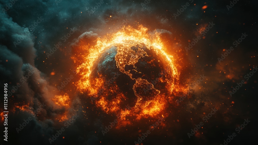 Burning planet Earth engulfed in fire, global warming impact, environmental crisis, climate change concept, apocalyptic destruction, flaming Earth, environmental catastrophe, fiery world in flames