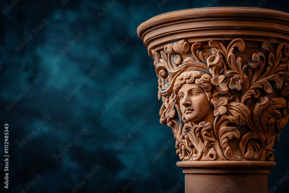 Naklejka premium Intricate Close-Up of Hand-Carved Clay Artifact Featuring Detailed Floral Motifs and a Portrait of a Young Woman Against a Muted Background
