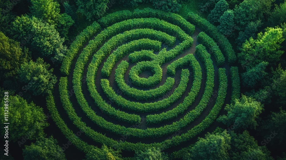 Circular green hedge maze in forest setting, aerial view of intricate spiral pattern, nature’s labyrinth, outdoor greenery, maze exploration, symmetry, lush garden design, forest adventure Circular green hedge maze in forest setting, aerial view of intricate spiral pattern, nature’s labyrinth, outdoor greenery, maze exploration, symmetry, lush garden design, forest adventure