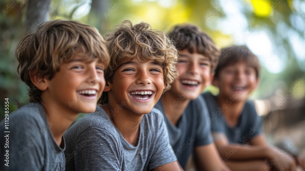 Close-up of boys smiling together outdoors, happy group of friends, cheerful childhood moment, friendship, youth, bonding, natural setting, outdoor, joyful expressions, unity, diversity, young boys Close-up of boys smiling together outdoors, happy group of friends, cheerful childhood moment, friendship, youth, bonding, natural setting, outdoor, joyful expressions, unity, diversity, young boys