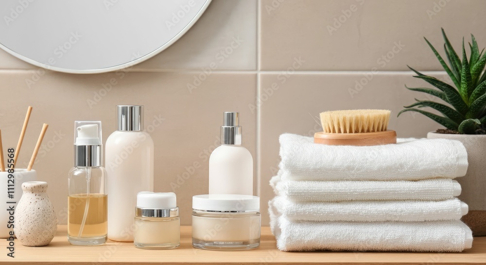 Skincare products and towels on wooden counter, near mirror