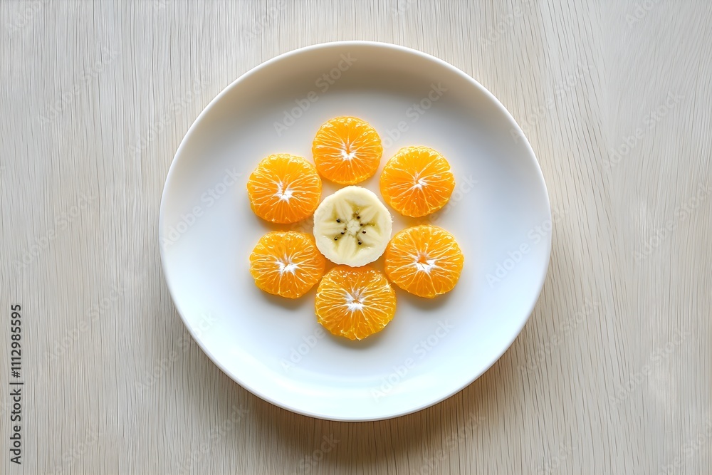 A child-friendly white plate with banana slices as petals and clementine quarters as the flower's center, on a sleek wooden table in soft light A child-friendly white plate with banana slices as petals and clementine quarters as the flower's center, on a sleek wooden table in soft light