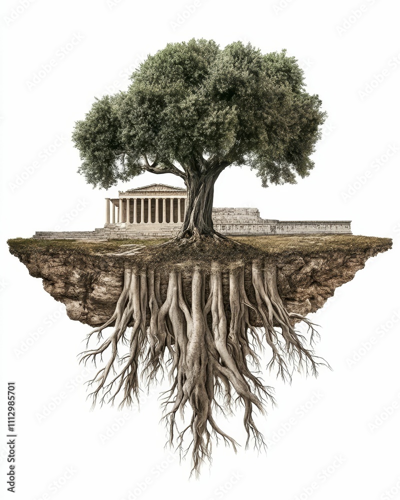 Fototapeta premium Ancient temple, large tree, exposed roots, floating island.