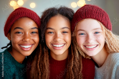 Three young women are smiling and wearing red hats. They are posing for a picture together. Scene is cheerful and friendly