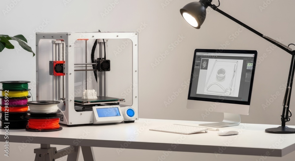 Fototapeta premium 3D printer on desk next to computer displaying design under lamp