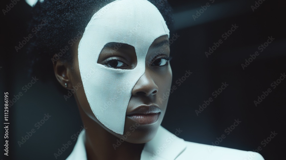 Intriguing close-up of a person wearing an abstract white face mask, highlighting artistic expression and mystery. Intriguing close-up of a person wearing an abstract white face mask, highlighting artistic expression and mystery.