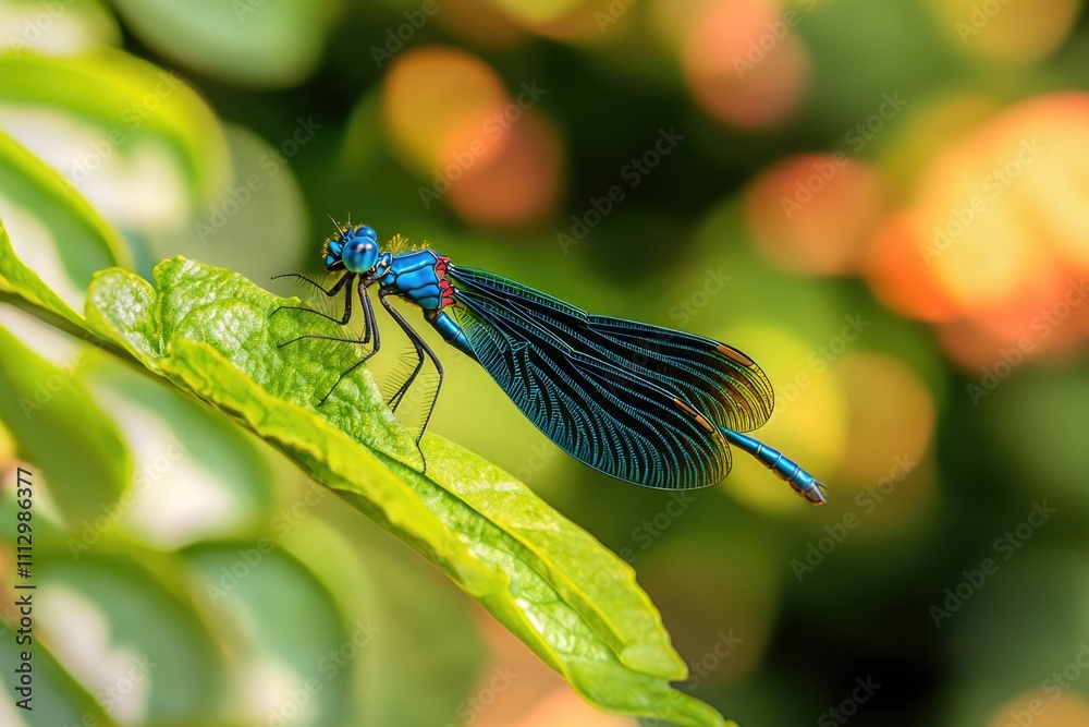 A blue dragonfly perches on the edge of a green leaf, ready to take flight A blue dragonfly perches on the edge of a green leaf, ready to take flight