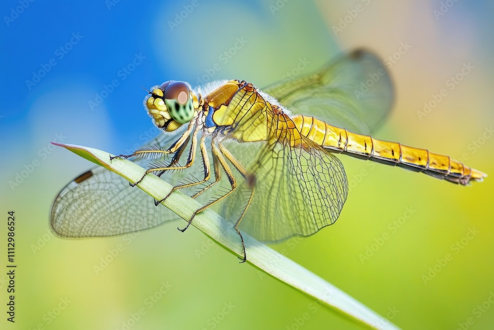 Close-up shot of a dragonfly perched on a single blade of grass, highlighting its delicate features and natural habitat