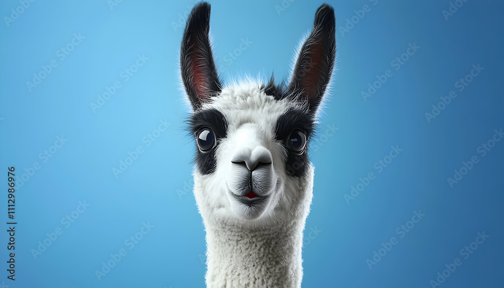 Obraz premium Close-up portrait of a cute, smiling llama with distinctive black markings against a vibrant blue background. Perfect for greeting cards, children's books, or social media.