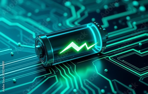 Glowing green power neon futuristic energy storage, high capacity rechargeable lithium ion battery