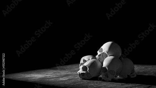 suicide concept. suicidal mood. melancholy and doom. rope noose, skulls empty black room