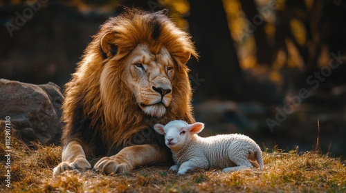 Lion and lamb resting together in serene autumn forest, harmony and peace symbolism, unlikely animal friendship, warm golden sunlight, tranquil natural scene, wildlife connection photo