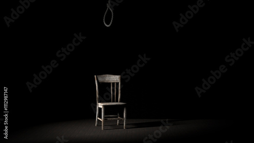 suicide concept. suicidal mood. melancholy and doom. rope noose, skulls empty black room