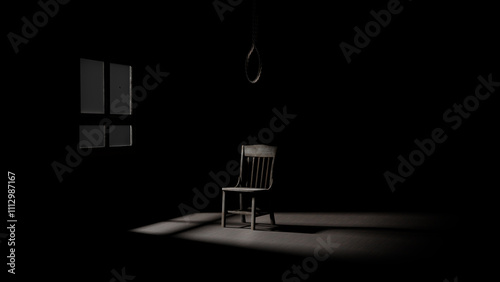 suicide concept. suicidal mood. melancholy and doom. rope noose, skulls empty black room