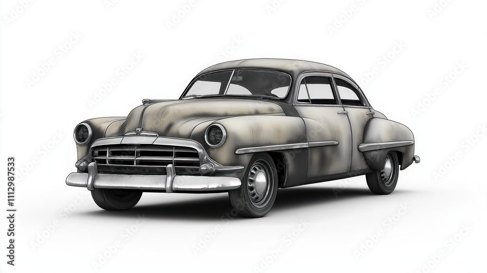 Obraz premium Vintage car isolated on white background. Old vehicle displays worn paint, rust. Classic car stands still. Rusty car detailed. Antique design. Classic car design. Retro style. Transportation history.